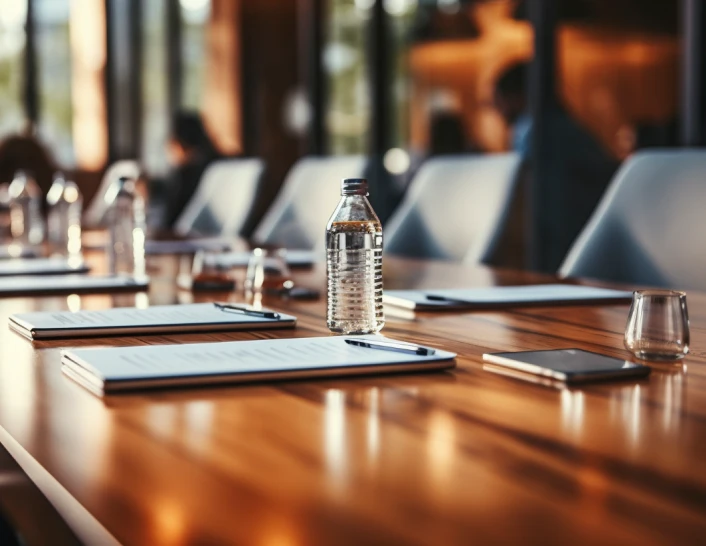 kuratorium Nahaufnahme eines Konferenztisches mit Notizbüchern, Stiften, einer Wasserflasche, Gläsern und einem Smartphone, mit leeren Stühlen und einem verschwommenen Bürohintergrund.