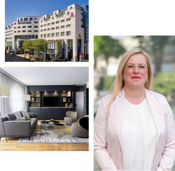 Eine Collage mit einem großen Hotelgebäude, einem modernen Wohnzimmer mit Sofas und einem Fernseher sowie einer Frau mit langen blonden Haaren, die eine Brille und einen hellrosa Blazer trägt und im Freien posiert.